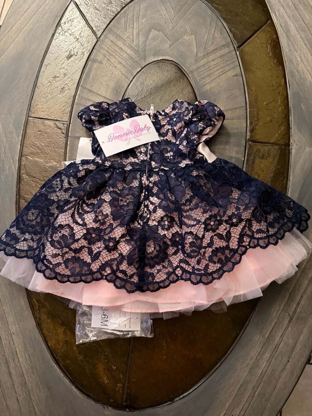 Bonnie Baby Girls Navy Blue Lace Dress with Pink Tulle